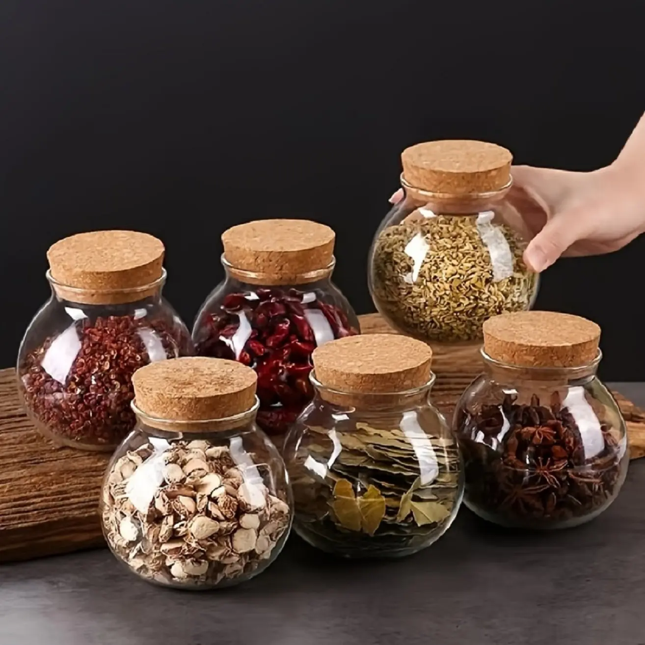 6-Pack Food Safe Round Glass Food Storage Jar Set, 17 oz Stackable Glass Canisters for Pantry and Kitchen, Airtight Food Containers with Wood Stoppers for Gummies, Candy, Spices, Coffee Beans, Nuts, Tea, Resuable Kitchen Essentials