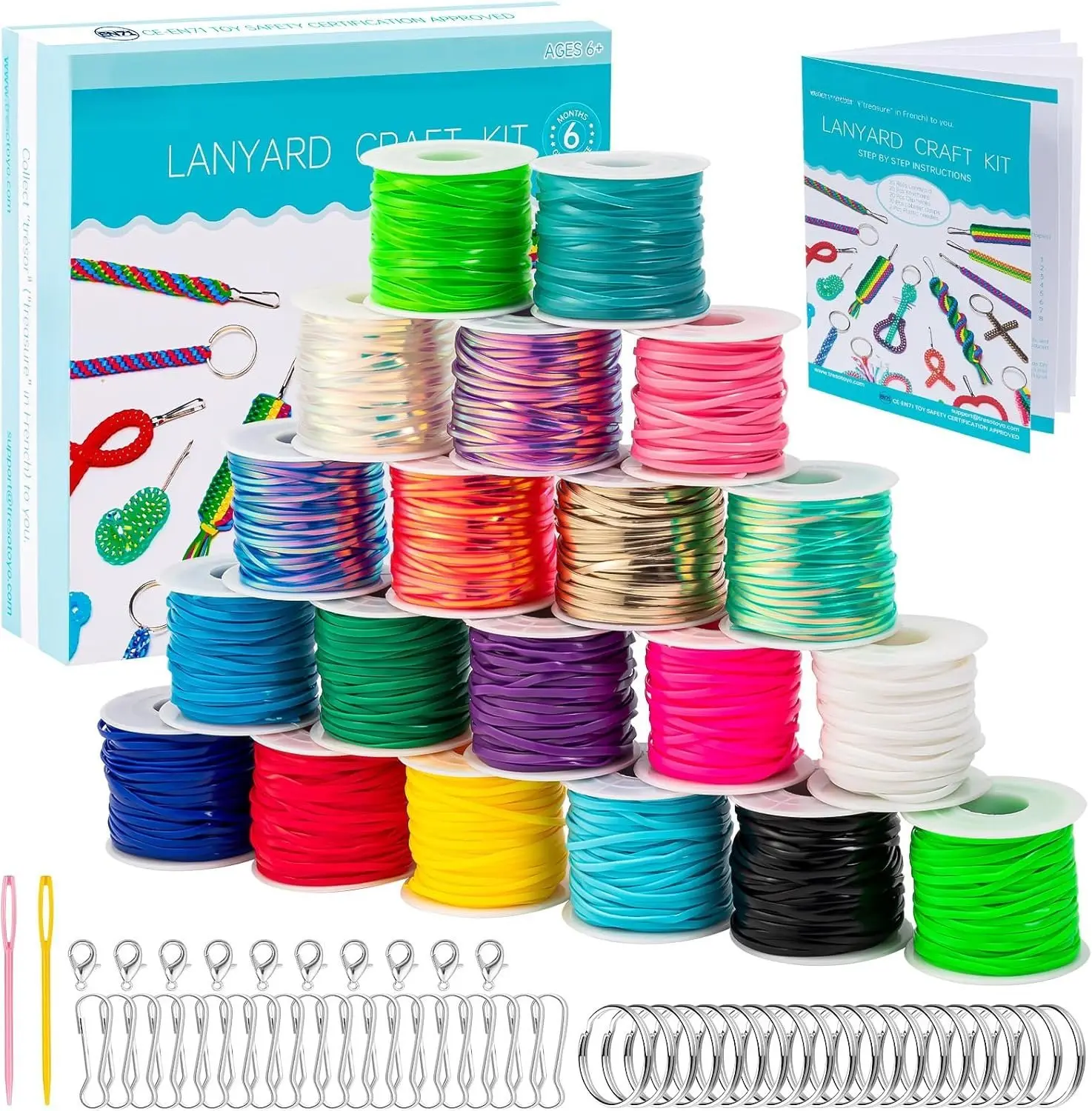 Lanyard String, 20 Rolls Gimp String, Plastic Strings Lacing Cord, Boondoggle Strings Kit 1200  and 52 count  Lanyards Accessories for  Crafts, Bracelet with Instruction Box