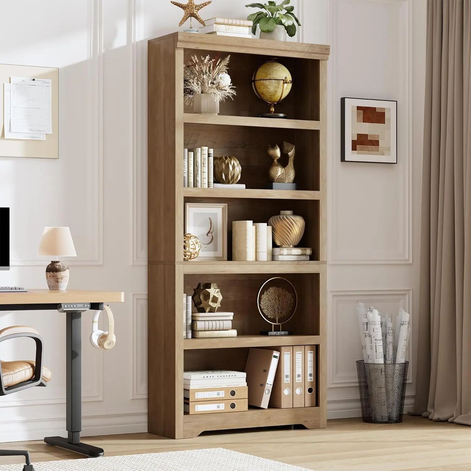 WildVenture Sturdy Contemporary 5-Tier Adjustable Farmhouse Tall Bookshelf - Durable Freestanding Open Bookcase with Anti-Tip Kit, Modern Design Style, Assembly Required, Storage Organizer for Home Office, Living Room