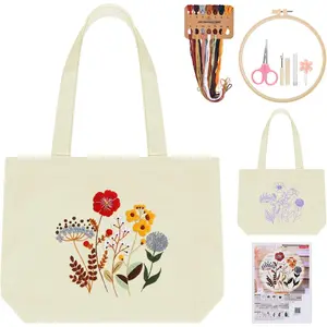 Canvas Tote Bag Embroidery Kit for Beginners, Floral Arts Crafts  Stitch Kits for Adults Including Stamped Embroidery Bag with Hoops, , Instruction and Color Threads (Flower)
