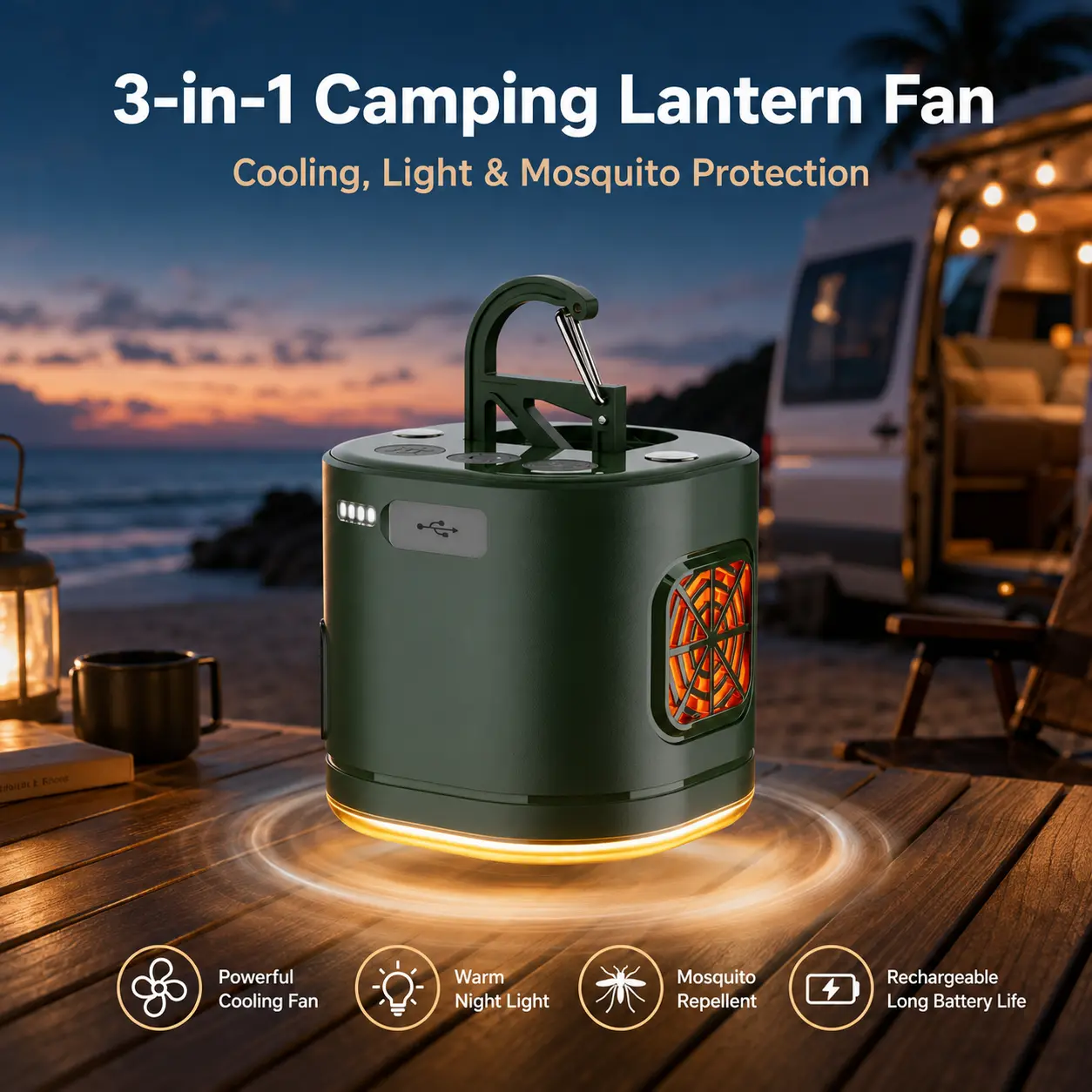 UOYGAO Camping Lantern with Fan, Mosquito Repellent & Power Bank, Portable USB Rechargeable Hanging Camp Lamp for Outdoor Hiking and Emergencies, Camping Lamp, Nighttime Camping Accessories