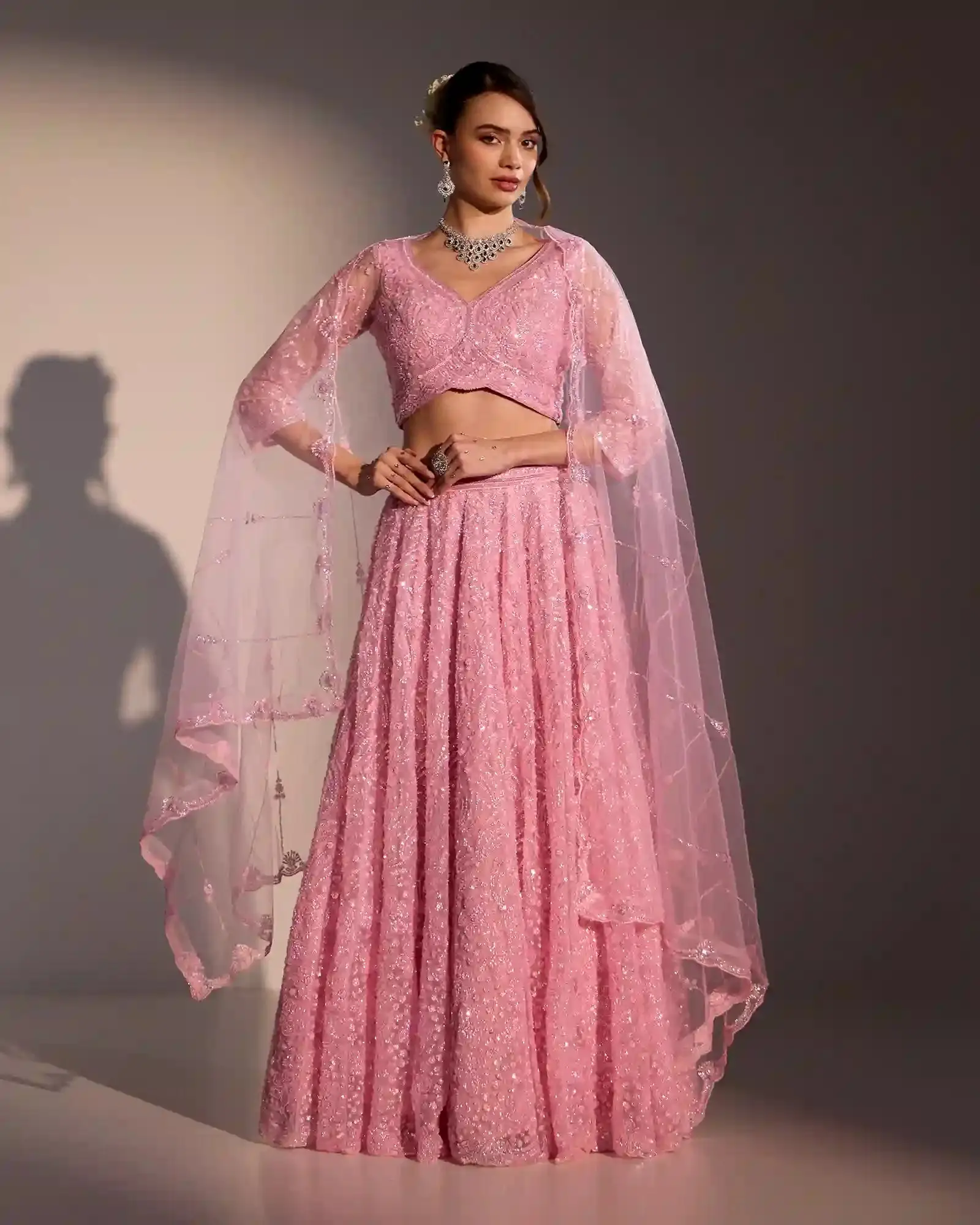 Women's Bridal Ira Blush Pink Butter Net Lehenga, Stylish Clothes with Matching Earrings & Accessories, Style, Traditional, Ethnic, Elegant, Statement Earrings, Full Length, Wedding Festivities, Katdana Detailing