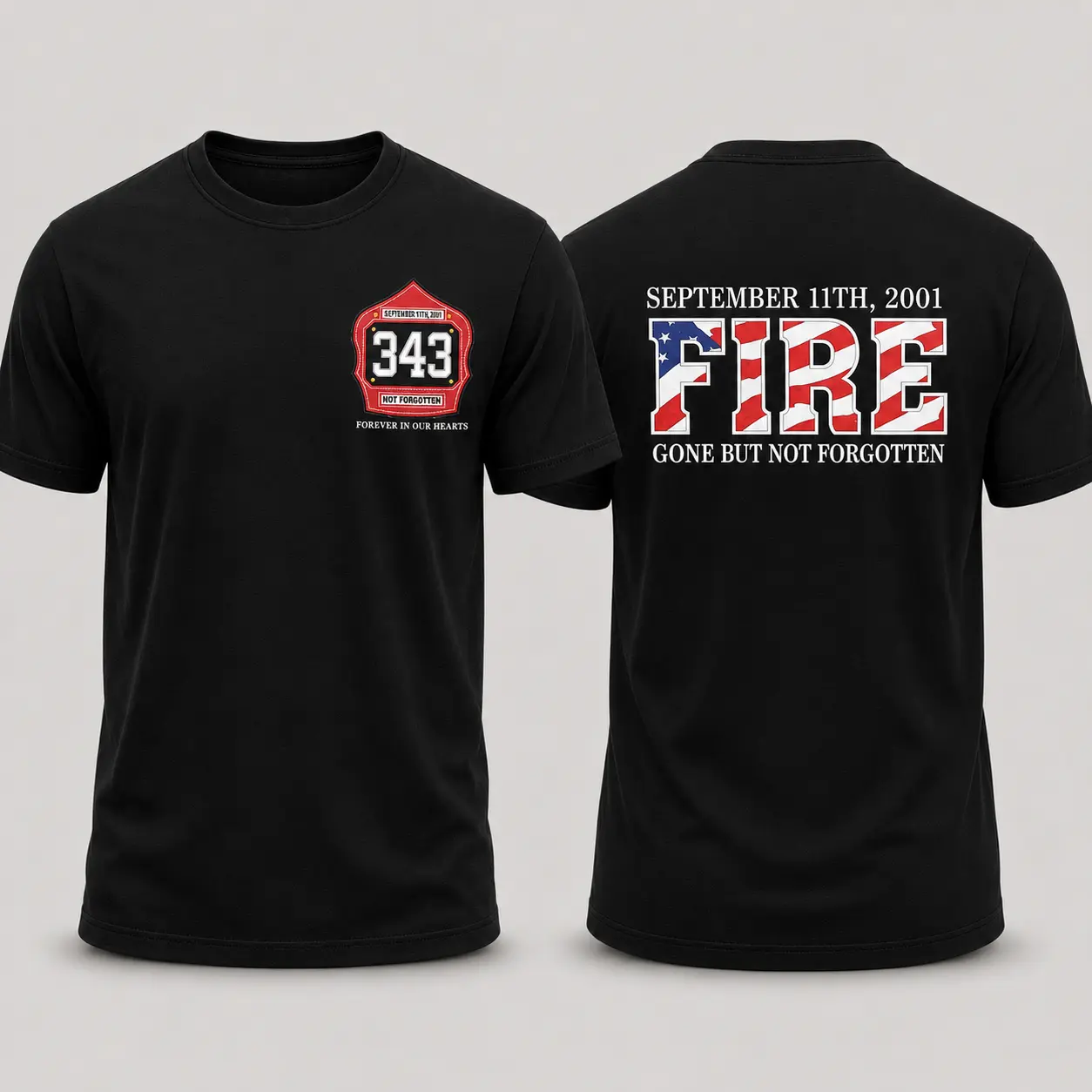 Men’s September 11 Firefighter Memorial Short-Sleeve Graphic T-Shirt, 343 Heroes Gone but Not Forgotten 9/11 Tribute Tee