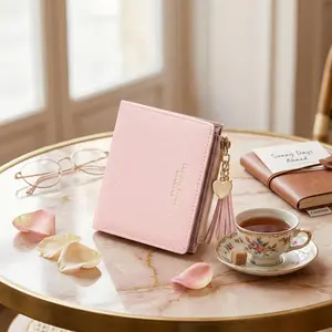 Women's Stylish Mini Slim Wallet - Zipper Wallet Design with Love Pendant, Tassels, Zip Coin Purse, Card Holder, Small Compact for Daily Use, Pink Gift for Girls, Stylish Wallet