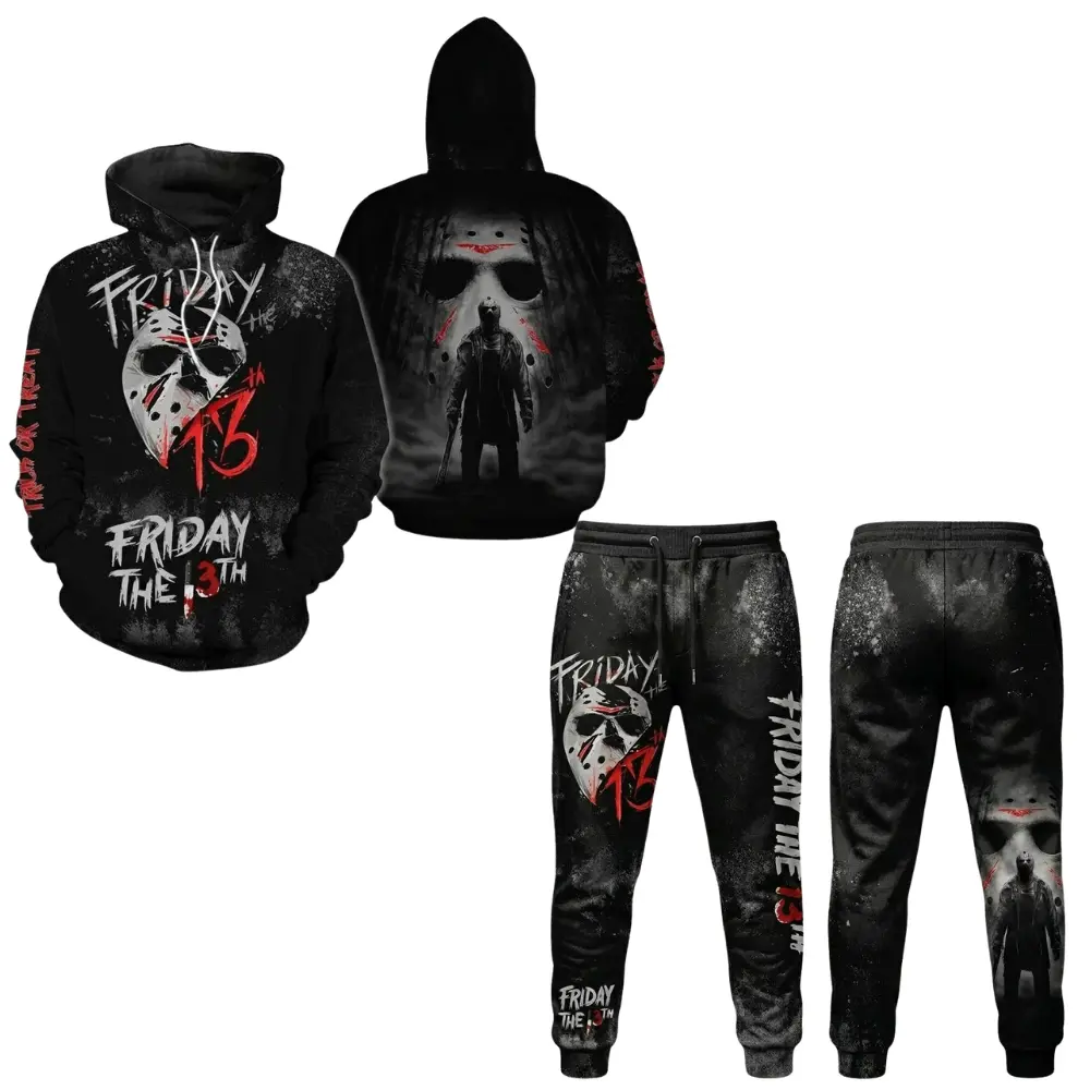 Jason Voorhees 3D Hoodie and Sweatpants Set, Friday the 13th Hockey Mask Halloween Horror Design, Gift for Horror Movie Fans