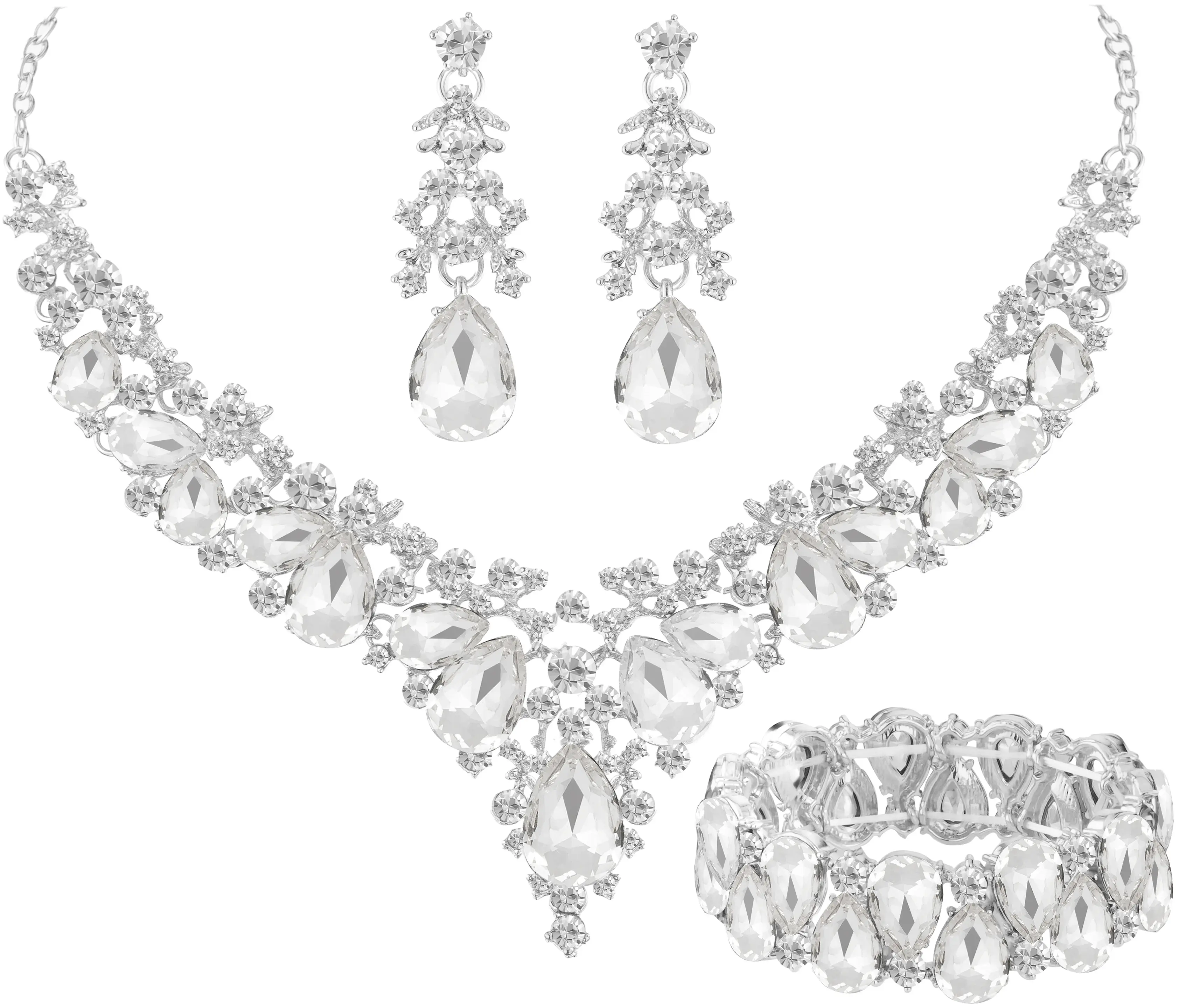 Elegant Bridal Wedding Jewelry Set for Women/Brides/Bridesmaids Teardrop Crystal Leaf Cluster Jewelry Set for Wedding Prom Party Bridal Bridesmaids Rhinestone Crystal Necklace Earrings Bracelet Set