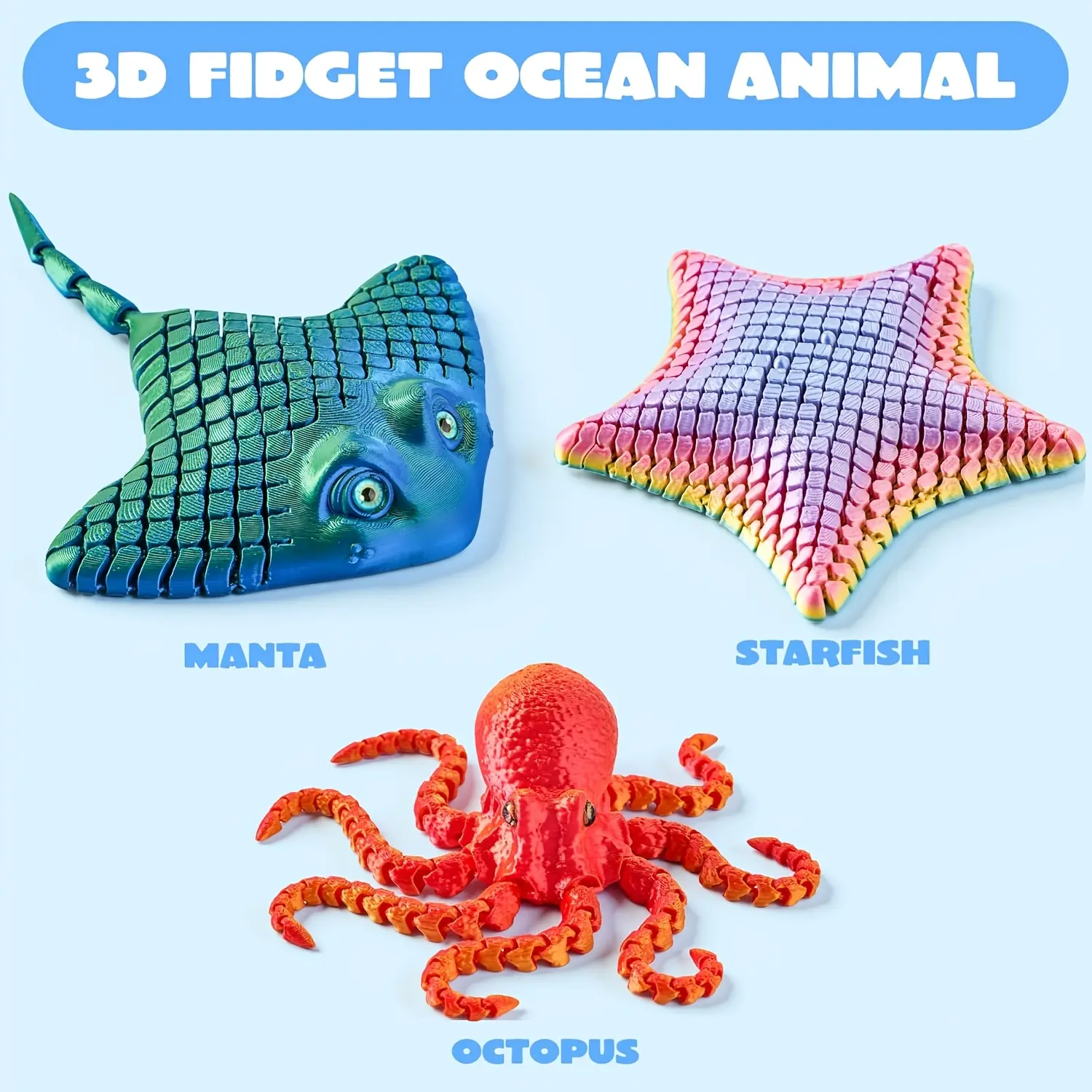 3 Pcs 3D Printed Articulated Fidget Toy Set - Flexible Octopus, Manta Ray & Glow Starfish, ASMR Desk Toy for Teens & Adults