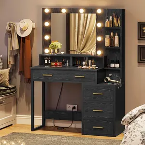Sikaic  Makeup Vanity with LED Lights, Charging Station, 5 Drawers, Shelves and Mirror Black Wood Grain, Makeup Vanity Set, Led Vanity Table