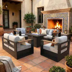 LayinSun Aluminum Patio Furniture Set with 44 inchs Fire Pit Table, Oversized Outdoor Conversation Set with 6" Thick Cushions for Outside Porch, Balcony, Deck