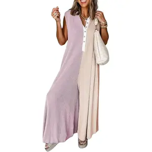 Women’s 2025 Color-Block Sleeveless Baggy Wide-Leg Button-Front Romper/Jumpsuit (One-Piece Pants)