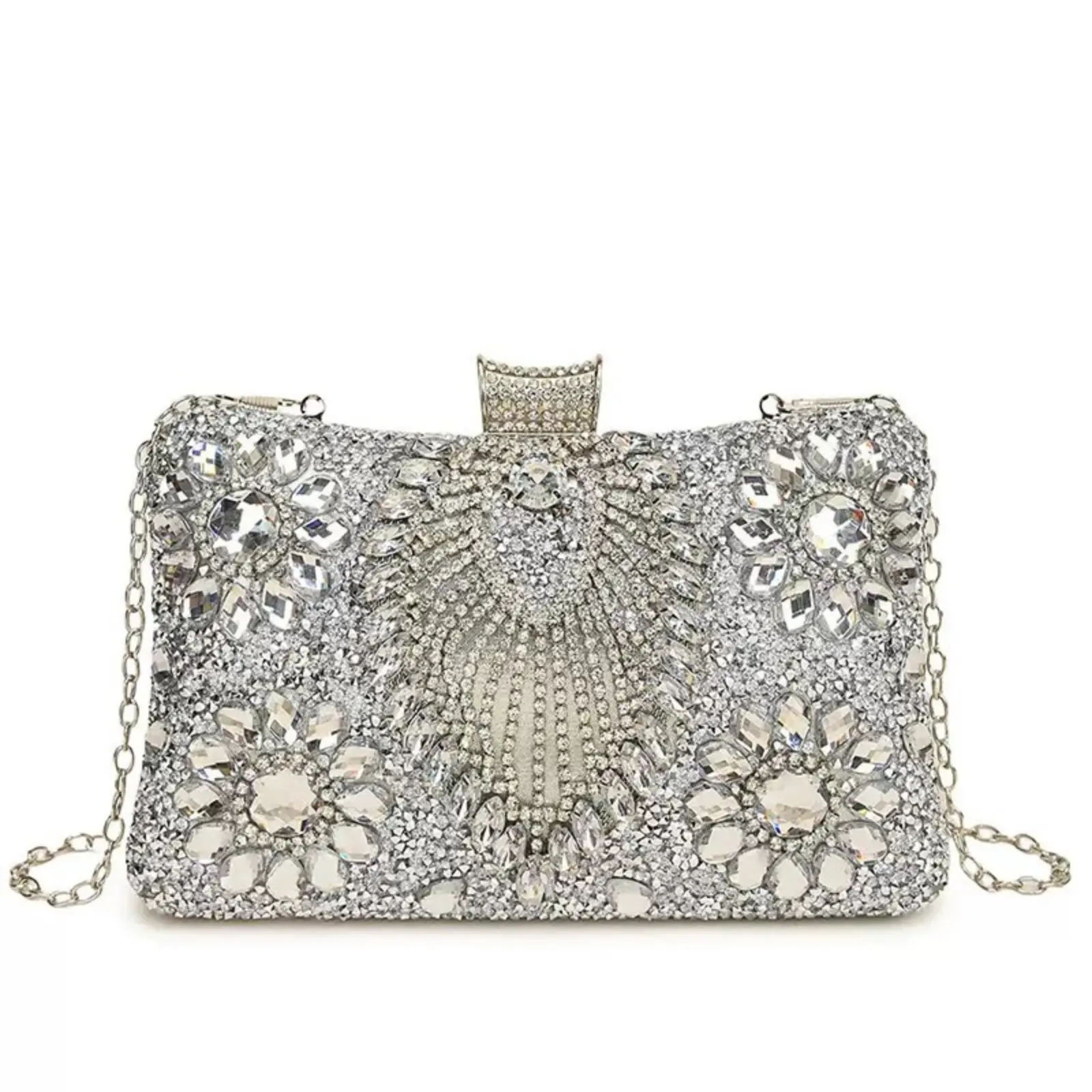 Women's Silver Rhinestone-Embellished Chain Strap Clutch - Detachable Chain, Versatile Shoulder/Crossbody Bag for Weddings, Christmas Celebrations