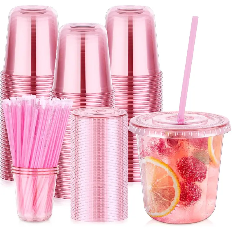 50-Pack 12 oz Lightweight Pink Clear Plastic Cups with Lids and Straws, Disposable To Go Iced Coffee Cocktail Cups for Cold Drinks, Rounded Bottom Festival Party Supplies for Christmas, Birthday Events