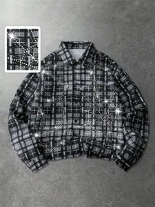 Men's Diamond Embroidered Plaid Long Sleeve Shirt, Street Style American Casual Fitted Blouse, All Seasons Fashion
