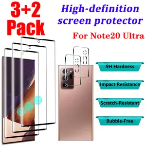 【 3+2 PCS 】 High definition screen protector, suitable for Samsung Galaxy Note 20 Ultra smartphone, 3 screen protectors with 2 lens protectors, supports fingerprint unlocking, 9H hardness, oil resistant coating, compatible with phone case Installation