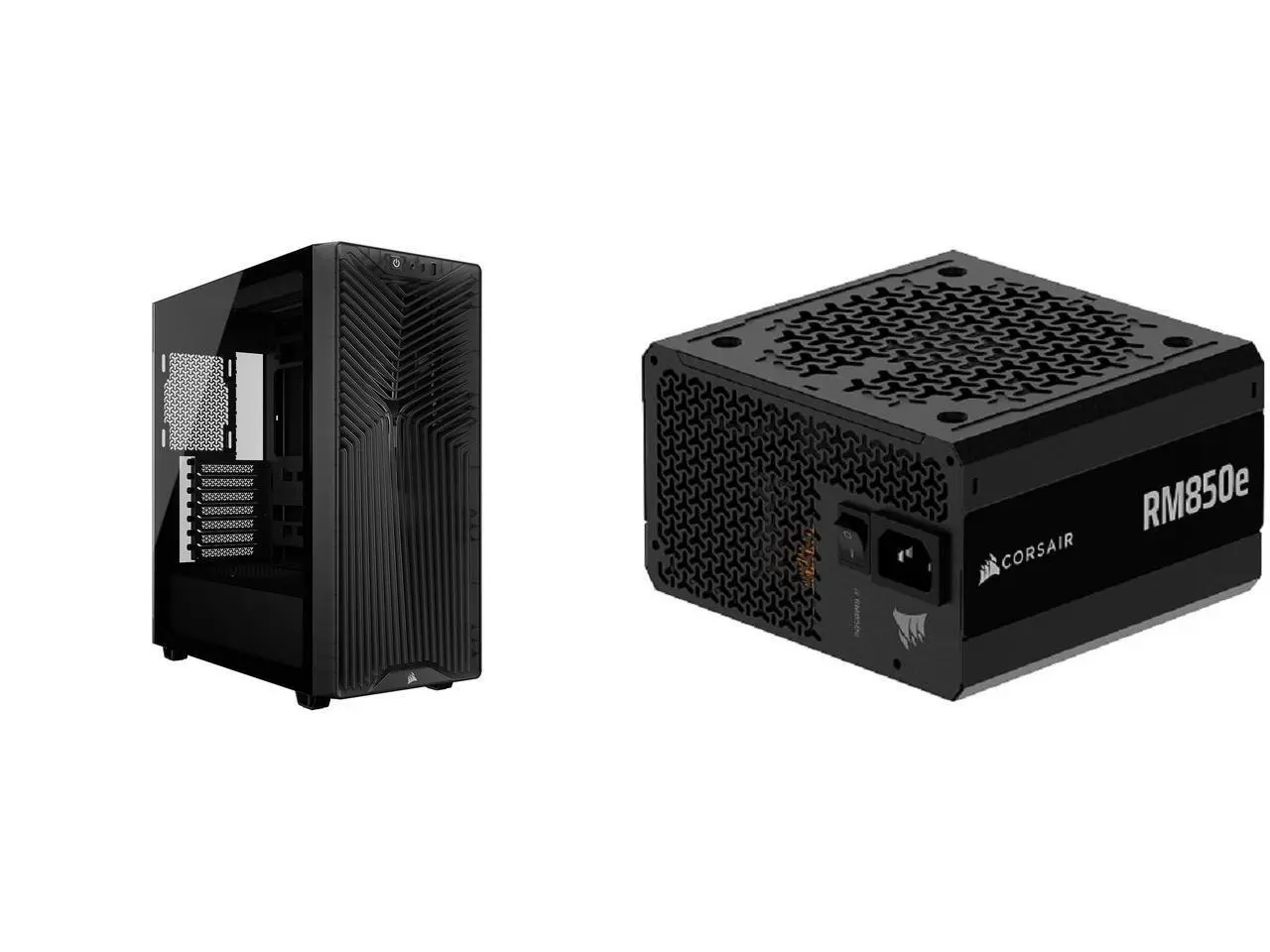 CORSAIR 3200D RS Mid-Tower PC Case - Supports a 360mm radiator - ASUS BTF, MSI Project Zero, and Gigabyte Project Stealth Compatible - Angled bottom fan mount for GPU cooling - Smoke CORSAIR RMe Series RM850e 850 W Power Supply