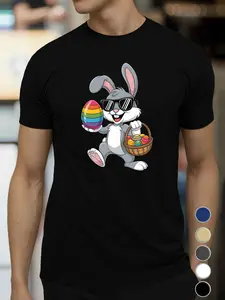 Men'S Short-Sleeve Summer T-Shirt Featuring a Cartoon Rabbit And Easter Eggs.