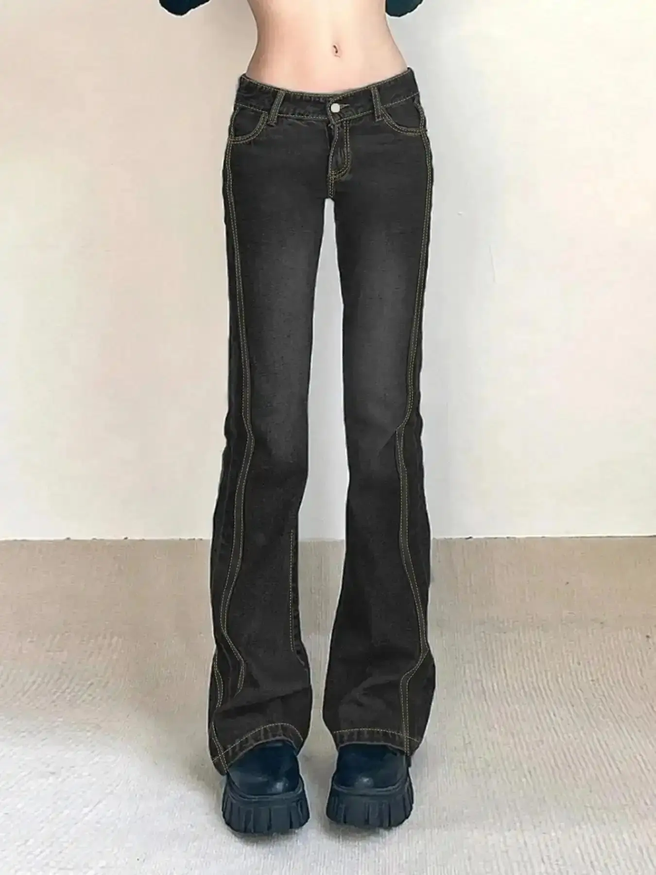 Women's Edgy Charcoal Mid-Rise Flare Fit Kick Denim Jeans, Womenswear Stretchy with Button and Contrast Stitching, Retro & Trendy Bottoms for Y2K Party Pants, Trouser on trend comfy pants streetwear