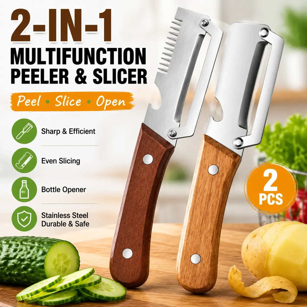 1 Set (2-Piece Set) Compact Wooden Handle Multifunctional Kitchen Utensils, 4-In-1 Vegetable Fruit Peeler for Peel, Slice, Scrape & Bottle Opener, Ideal for Home Kitchen Use