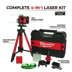 Milwaukee 4D 16-Line Green Laser Level Work Tool, High-Accuracy 360-Degree Self-Leveling Cross Line Construction Tool with 6000mAh Battery, Remote Control, Magnetic Bracket, Tripod Stand for Floor Wall Alignment & Indoor Surveying, Work Tools