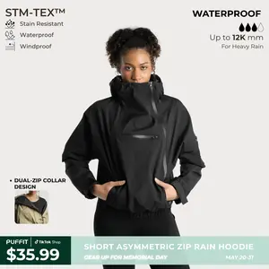 PUFFIT STM-TEX Short Rain Hoodie With Asymmetric Zip and Adjustable Hem,Chest Pocket Design,Spring Hooded Jacket,Waterproof Jacket,Women Jacket,Spring Jacket,Windbreaker,Dog Walking,School Running,Football Mum,Stylish