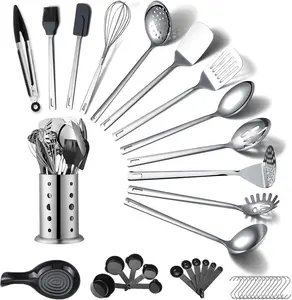 Stainless Steel Kitchen Utensils Set 40 Pieces, Cooking Utensil Set with Utensils Holder, Kitchen Gadgets Kitchen Essentials New Home, House, Appartment Must Have, Metal Spatula Set ReaNea