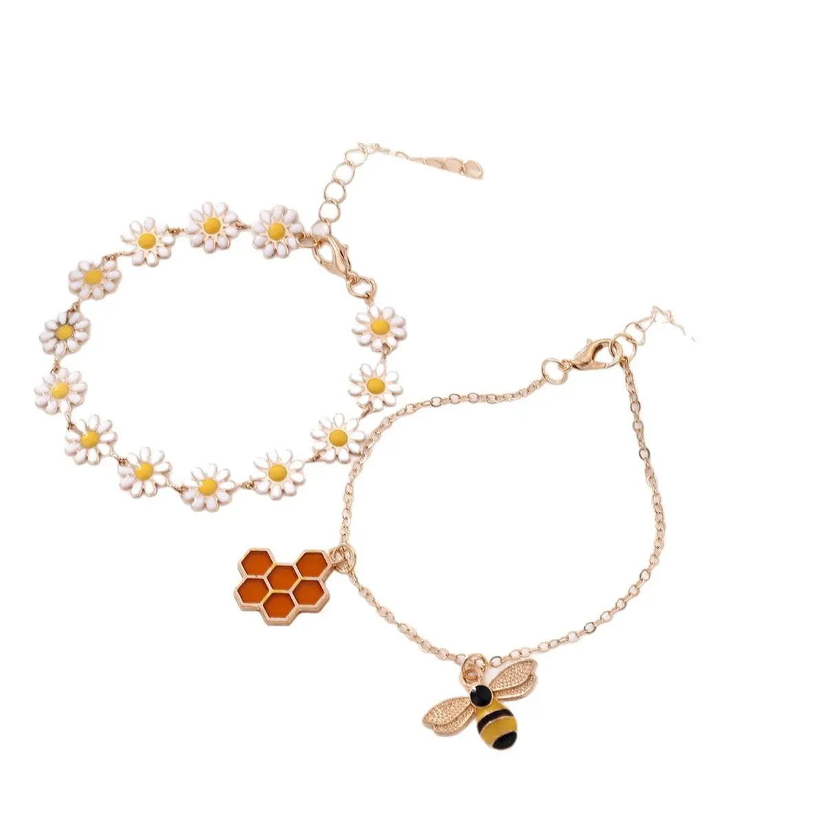 Women's 2-Piece Adjustable Whimsical Daisy Bee Bracelets Set, Handmade Boho Cottagecore Jewelry with Resin Honeycomb Charm, Layered Stackable Summer Gift for Casual Outfits summerwins