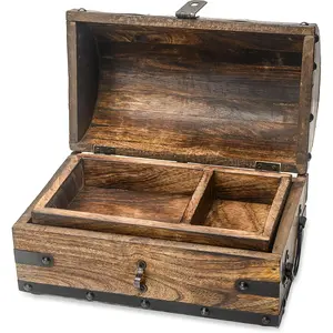 Treasure Chest Box with Removable Tray, Wooden Treasure Box for Storage, Keepsakes & ,  Pirate Chest Decor, Solid Hardwood Decorative Storage (Small - 10x6x6 inches)