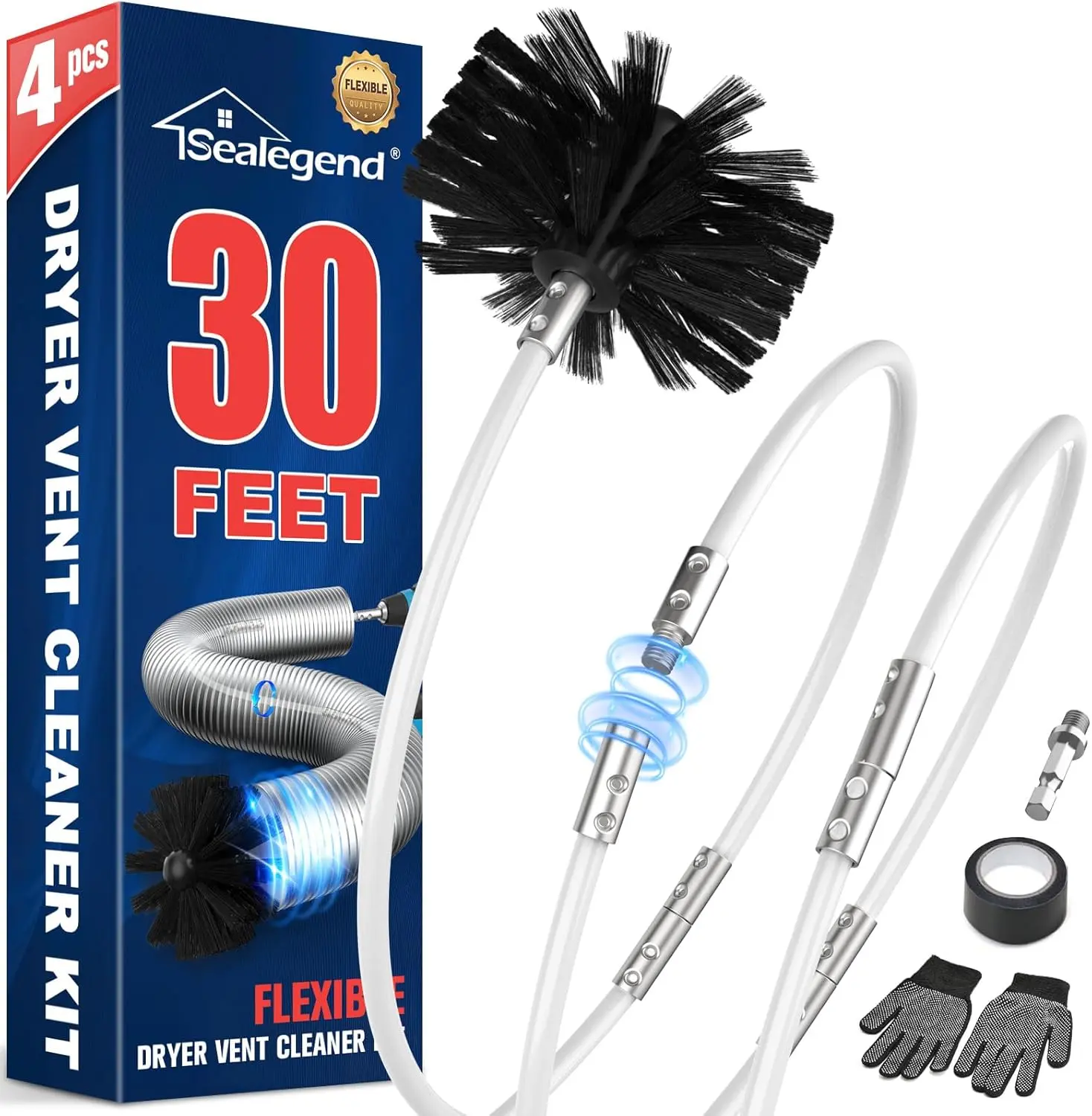 Sealegend 30 Feet Dryer Vent Cleaner Kit,Lint Remover Fireplace Chimney Brushes,Extends Up to 30 Feet with Drill Attachment,Synthetic Brush Head,Use with or Without a Power Drill