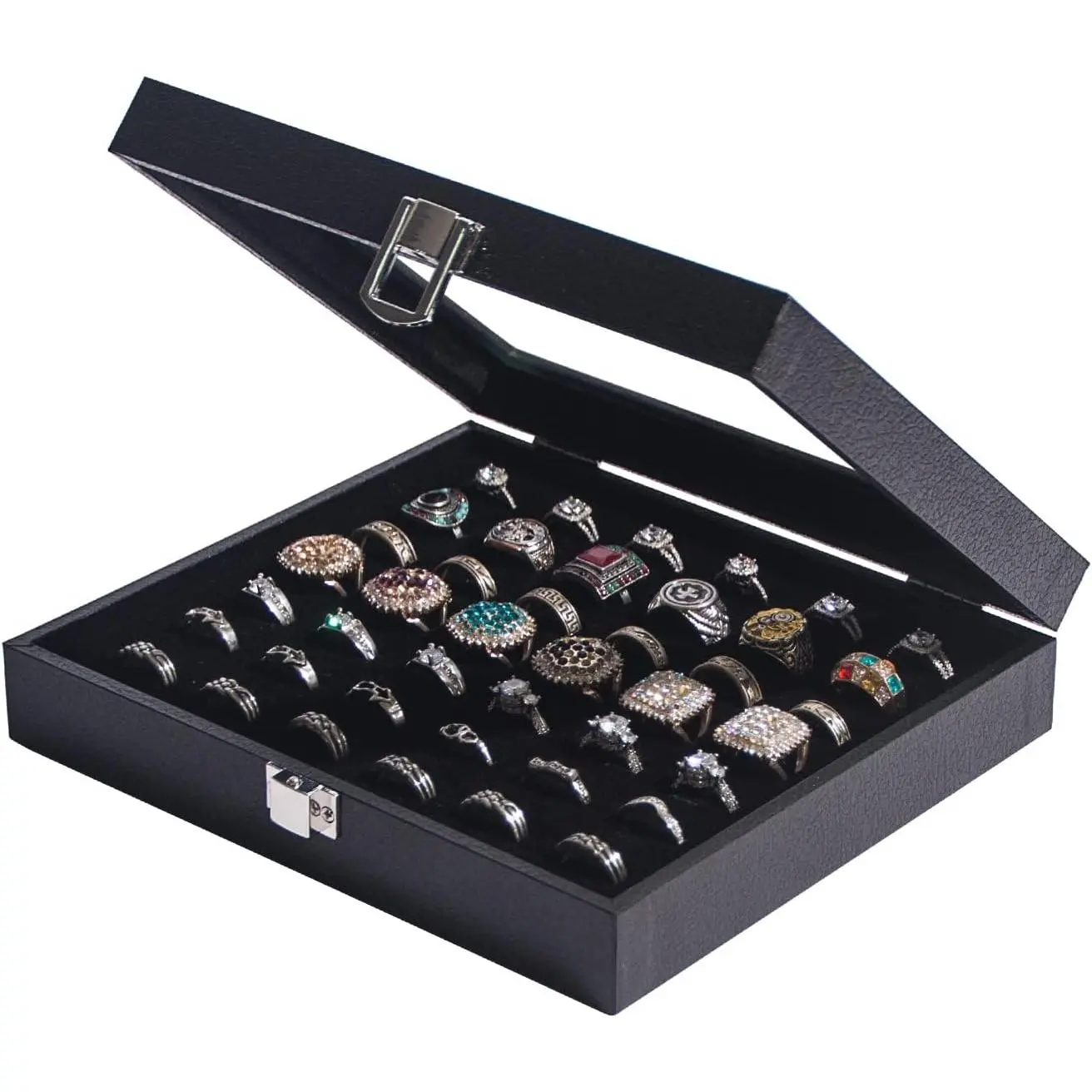 Black 42-Slot Classic Jewelry Box - Ring Organizer Display Case with Glass Lid, Stackable Storage Tray for Multiple Rings