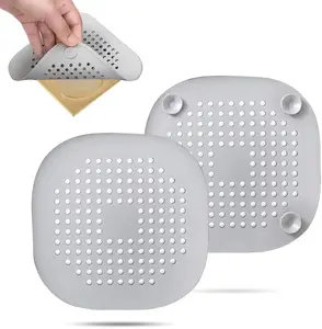 2 Pack Hair Drain Catcher,Square Drain Cover for Shower Silicone Hair Stopper with Suction Cup,Easy to Install Suit for Bathroom,Bathtub,Kitchen (Sliver Grey)