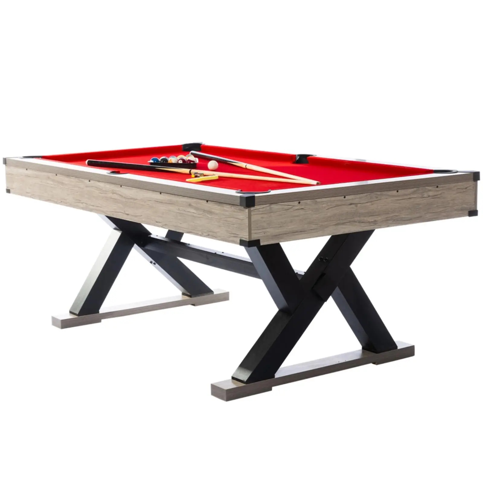 Garvee 7ft Billiard Table with Red Cloth, 84" Modern Pool Table for Man Cave or Basement, Sturdy K-Legs, Includes 2 Cue Sticks, Balls, Triangle, Chalks, Brush, Easy Assembly, Rustic Grey Finish