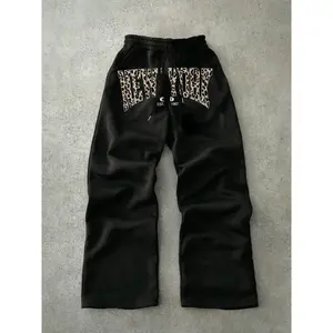 Leopard Print Letter Print Sweatpants with Elastic Waistband, Stretchable Casual Streetwear, Comfortable Fit for All Seasons, Unisex Fashion