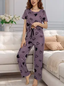 Two-Piece Heart Print Women's Pajama Set, Long Sleeve and Pants, Soft and Comfortable Casual Home Wear, Loungewear, All Seasons, Nightwear