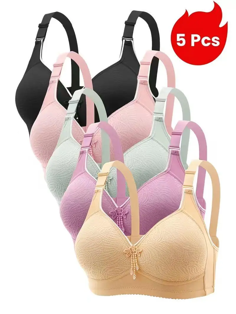 【5 Pcs】Everyday Essential Bra | No-Steel ，Lace Detail, Multi-Color Options – Comfort & Style in One Piece! Wirefree Bras Unlined Lace Bra