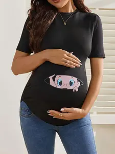 Maternity Cartoon Print Round Neck Casual Short Sleeve T-Shirt - Fun Pregnancy Top