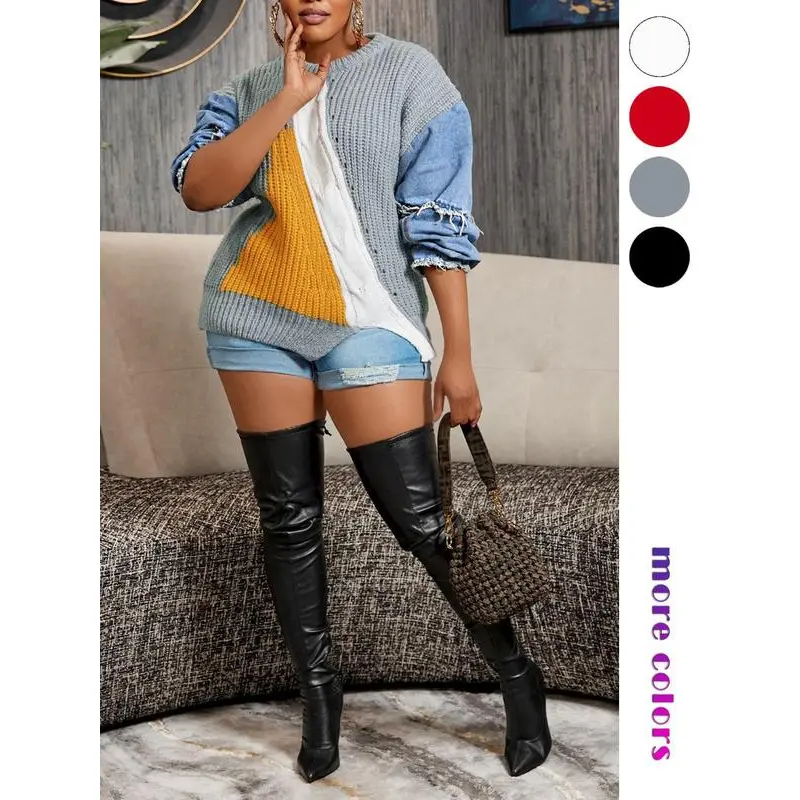 Women's Colorblock Drop Shoulder Sweater, Casual Long Sleeve Round Neck Sweater Knitwear Tops, Sweaters for Women, Baddie Knitwear Outfits for Plus Size, Going Out Outfits 2024
