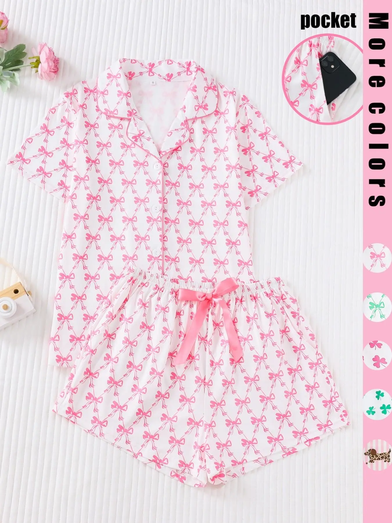 Women's Cute All Over Bow Print Two-Piece Pajama Set, Casual Pajama Sets, Pyjamas, Nightwear, Soft & Smooth Fabric, Casual Fitted Style Loungewear, Comfortable Wear for All Seasons, Top, Pjs