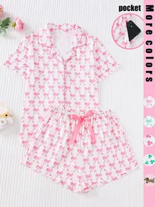 Women's Two-Piece Sleepwear Set, Cute Bow Full-Print Design, Soft & Smooth Fabric, Casual Fitted Style, All Season Comfortable Wear, Pajama Set