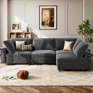 Oversized Modular Sectional Sofa with Charging Station, Covertible L-Shaped Sofa Couch, Forest Green Velvet Couch Set, Modern Comfy Modular Sofa Sleeper Sofa for Living Room