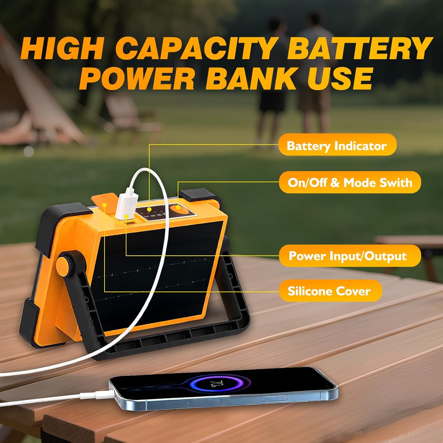 120W Solar LED Work Light, 144 LEDs Portable Flood Light with Stand, IP66 Waterproof, 4 Modes, for Jobsite Camping Fishing Repair