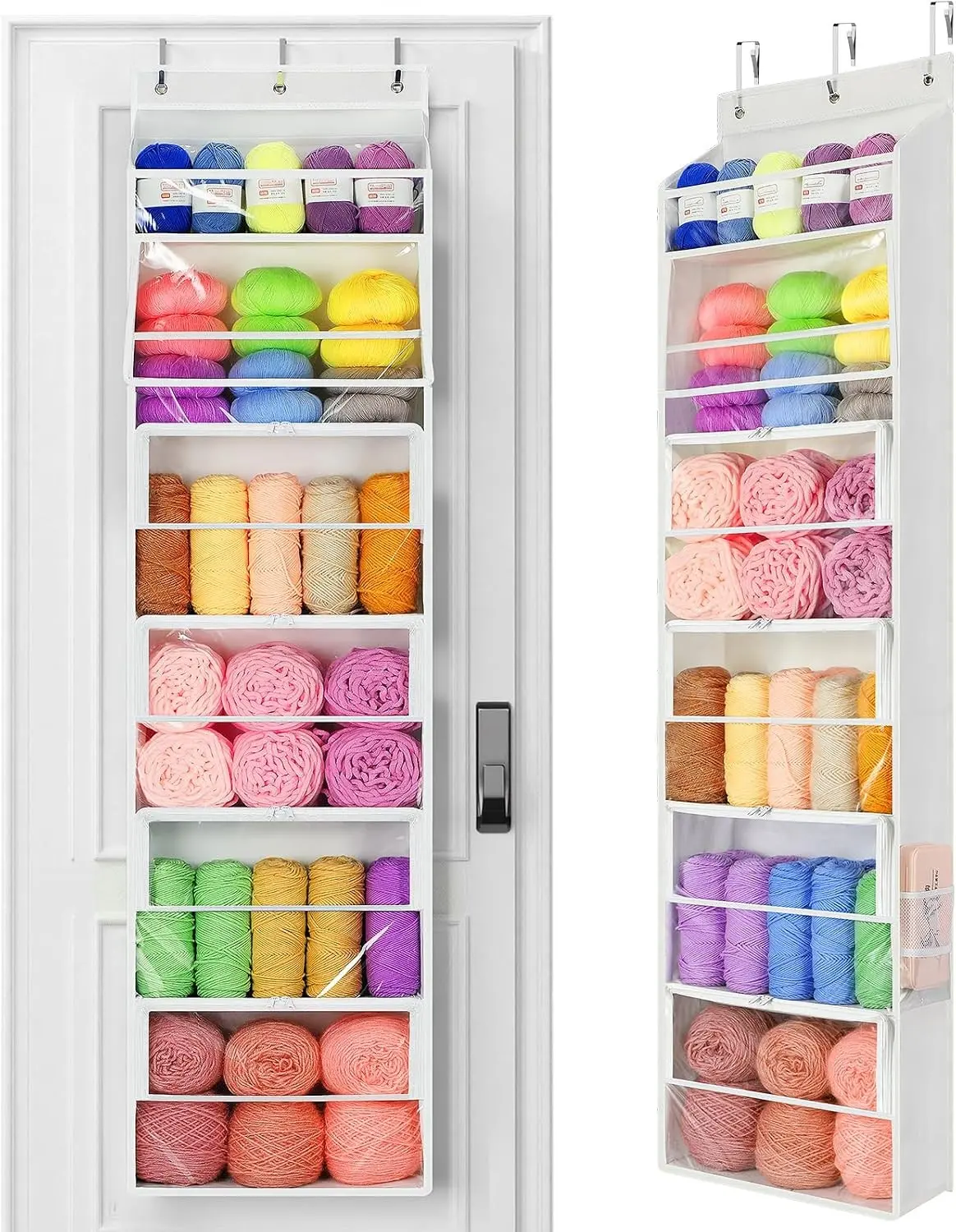 Yecaye Hanging Yarn Storage Organizer with 6 Zippered Closure Compartments, Heavy Duty Stuffed Animal Storage with Clear PVC, Dustproof Yarn Holder for Crocheting Storage, Pearl White 6 Tier Gift