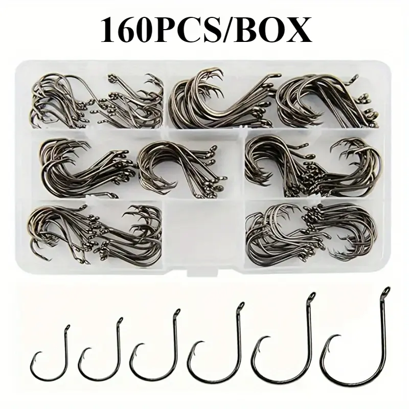 KLYVIONIS 160pcs/Box Circle Hooks - 2X Strong Black High Carbon Steel Octopus Hooks, Customized Offset, Corrosion Resistance, 160pcs Spares, Circle Shape, Fresh/Salt Water, Mixed Sizes for Outdoor Fishing