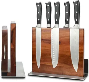 HOMIQUEEN Double Sided Magnetic Knife Stand with Stainless Steel Base, Strong Magnet Knife Block without Knives, Acacia Wood Kitchen Knife Block with Cutting Board Holder for Kitchen Counter