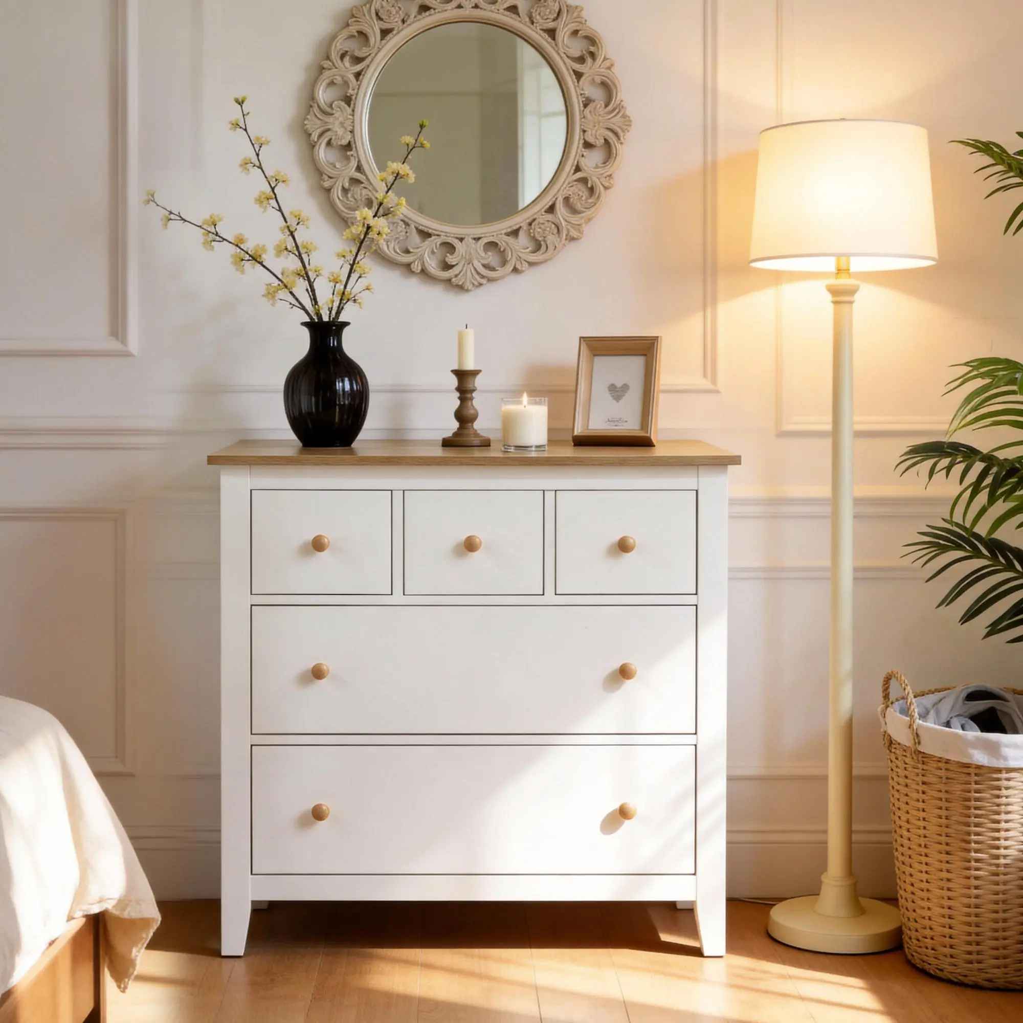 RoyalCraft L Large Nightstand, Modern Wood Bedside Table with Solid Wood Knobs, Accent Side Table for Bedroom, Living Room, Hallway, White