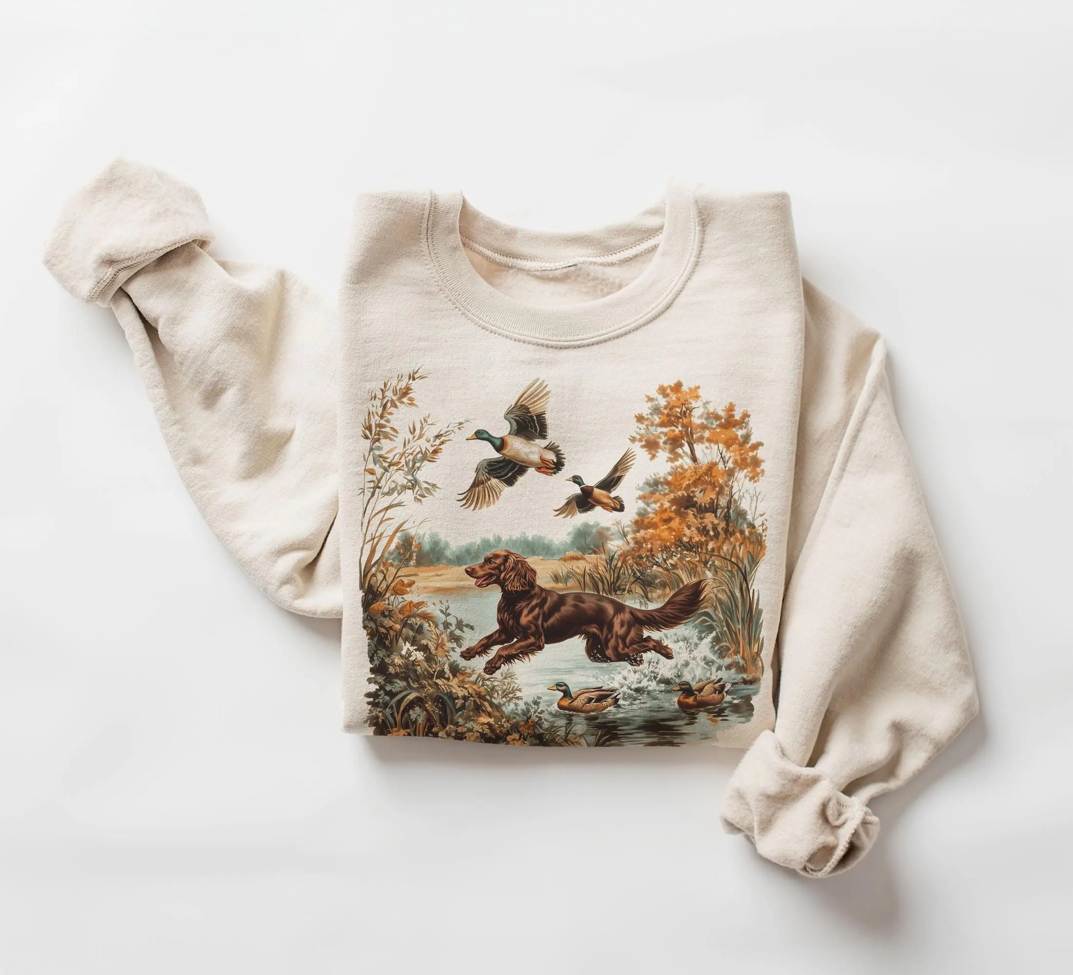 Retro Boykin Spaniel Retrieving Mallard Ducks Sweatshirt - 90s Vintage Cute Dog Breed Hunting Outfit - Unisex Crewneck Sweatshirt
