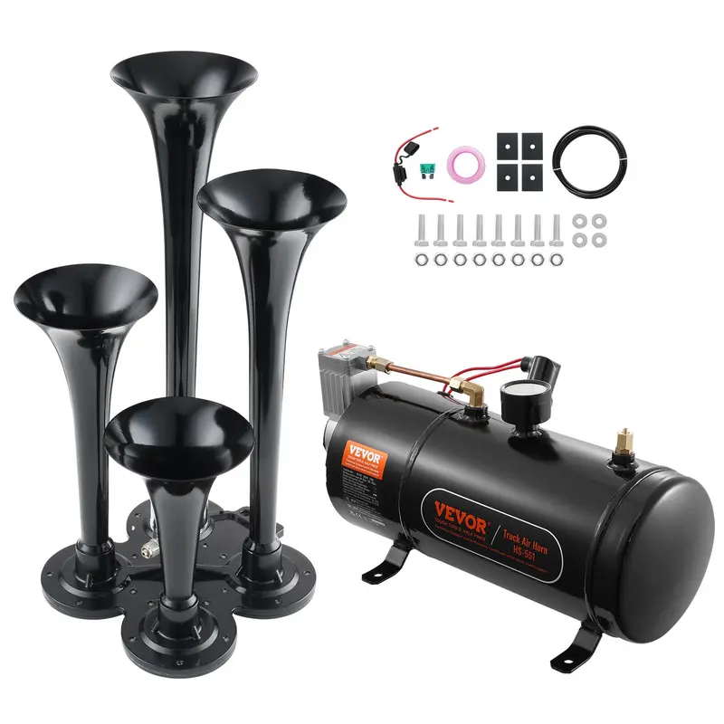 VEVOR Train Horns Kit, TikTokShopBlackFriday, 4 Trumpet Air Horn Kit, 150dB Train Horns for Pickup Trucks, 12V 120 psi Air Compressor 0.8 Gal/3 L Tank with Gauge for Any 12V Vehicle Car Truck Train Van Boat Power Sound Accessory VEVOR Super Brand Day