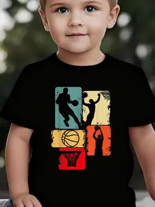 Boys' Summer Breathable & Comfortable "Retro Basketball Silhouette Collage" Cartoon Print (3-12Y) Casual Sports T-Shirt