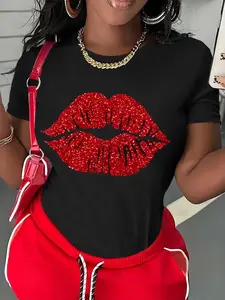 Plus Size, Plus Size Short Sleeve T-Shirt with 3D Red Lip Print & Glitter Top - Sparkling Crew Neck Loose Fit Blouse for Spring Summer, Machine Washable Casual Outfits or Casual Attire