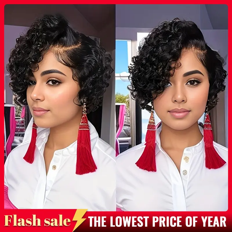 Chic Short Pixie Cut Curly Wave Wig For Women 6INCH 13X4X1 T-Part Lace Front 200% Density Remy Human Hair Natural Black Dealsforyoudays TikTokShopBlackFriday