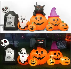 10 Feet Halloween LED Inflatable Pumpkin Decoration, Blow Up Pumpkin and Tombstone Ghost Black Cat Combo Halloween Party Outdoor Holiday Decoration; Patio, Garden Lawn Decoration